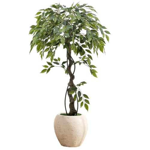 120cm Large Ficus Artificial Trees in White Pot 4ft Tall Fake Silk Tree with Natural Curved Trunk Lush Faux Ficus Tree for Indoor Home Decor Living Room Office & Patio