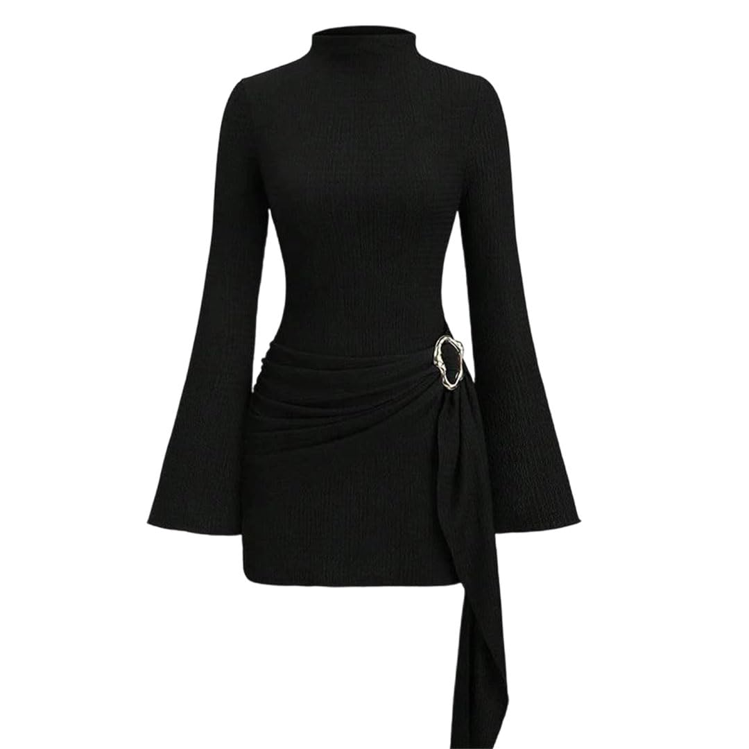Vestido corto de fiesta ajustado de manga larga con cuello alto para mujer