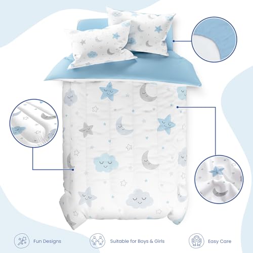 Image of SANDJEST Star and Moon Comforter Set Twin Size 68x86in for Kids Boys Girls Unisex, Microfiber 3 Pcs Bedding Set Includes 1 Comforter, 1 Pillowcase, 1 Fitted Sheet, Nursery Room Decor