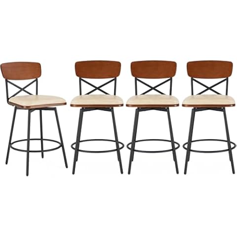 MILCIL Swivel Counter Height Bar Stools with Back, Upholstered Farmhouse Barstools Set of 4 for Kitchen Island, Faux Leather, Wood Frame & Metal, Sand Grey Cover