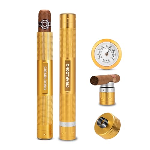 CIGARLOONG - Tubo para charutos, 3 em 1, com higrômetro, perfurador de charutos e porta-papuras, estojo para charutos durável para viagens ao ar livre, armazenamento portátil (dourado)