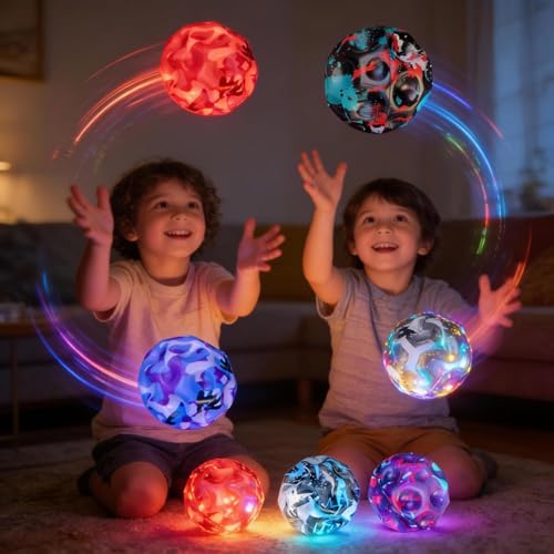 Image of Moon Ball High Bouncing with LED Light for Kids Adults Pets Easy Grip Sports Space Ball with Craters Indoor Outdoor Toy Helps in Hand Eye Coordination Stress Relief - Mix Color (Pack of 2)
