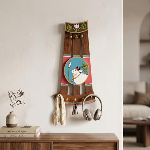 Image of AAKRITI ART CREATIONS Key Holder, Pichhwai Cow Key Hangers | Rustic Teak Wood Wall Organizer with 5 Hooks | New Home Gifts | Multifunctional Entryway Decor Item