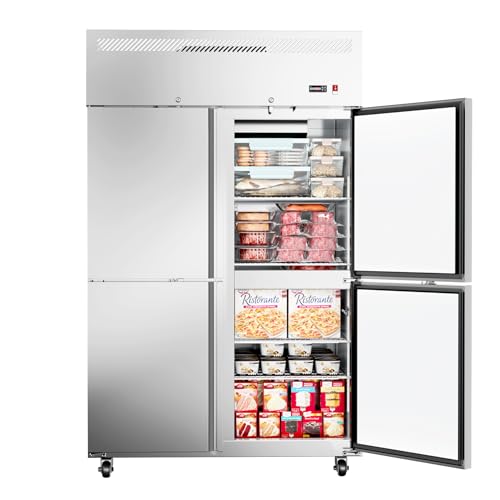 ECEVT 48W 4 Door Commercial Freezer 36 Cu.ft Stainless Steel Upright Freezer (-8 to -1) with 8 Adjustable Shelves Lockable Door Wheels Auto-Defrost for Restaurant Kitchen Shop