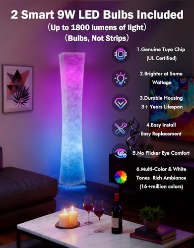 LEONC RGB+CCT Floor Lamp with Remote, 1800lm LED Tuya Smart 9W×2 Bulbs, 65" Smart Modern Floor Lamp with Alexa, Music Sync and 16 Million Colors, Color Changing Standing Lamp for Bedroom Living Room