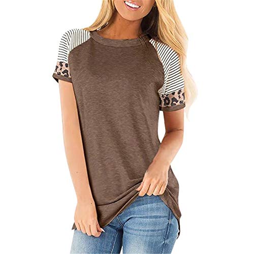 Preisvergleich Produktbild FrüHling Und Sommer Damen Rundhalsausschnitt Lose Gestreifte Leoparden NäHen Kurzarm T-Shirt