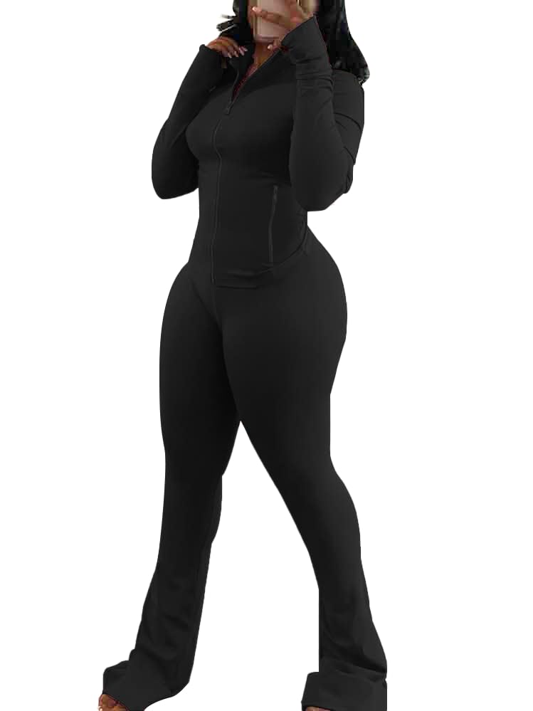 HBQ Women's 2 Piece Tracksuit Sets Long Sleeve Zip Up Crop Tops and Flare Pants Casual Workout Oufit Jogger Loungewear Set4