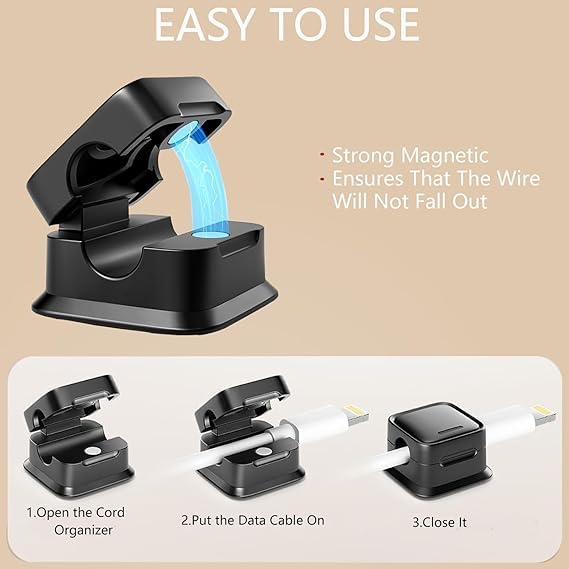 Fastiven Magnetic Cable Holder, Adhesive Cord Organizer Wire Holder Keeper USB Charger Holder for Home, Office, Keep Cables Neat and Tidy (6, Black) 3