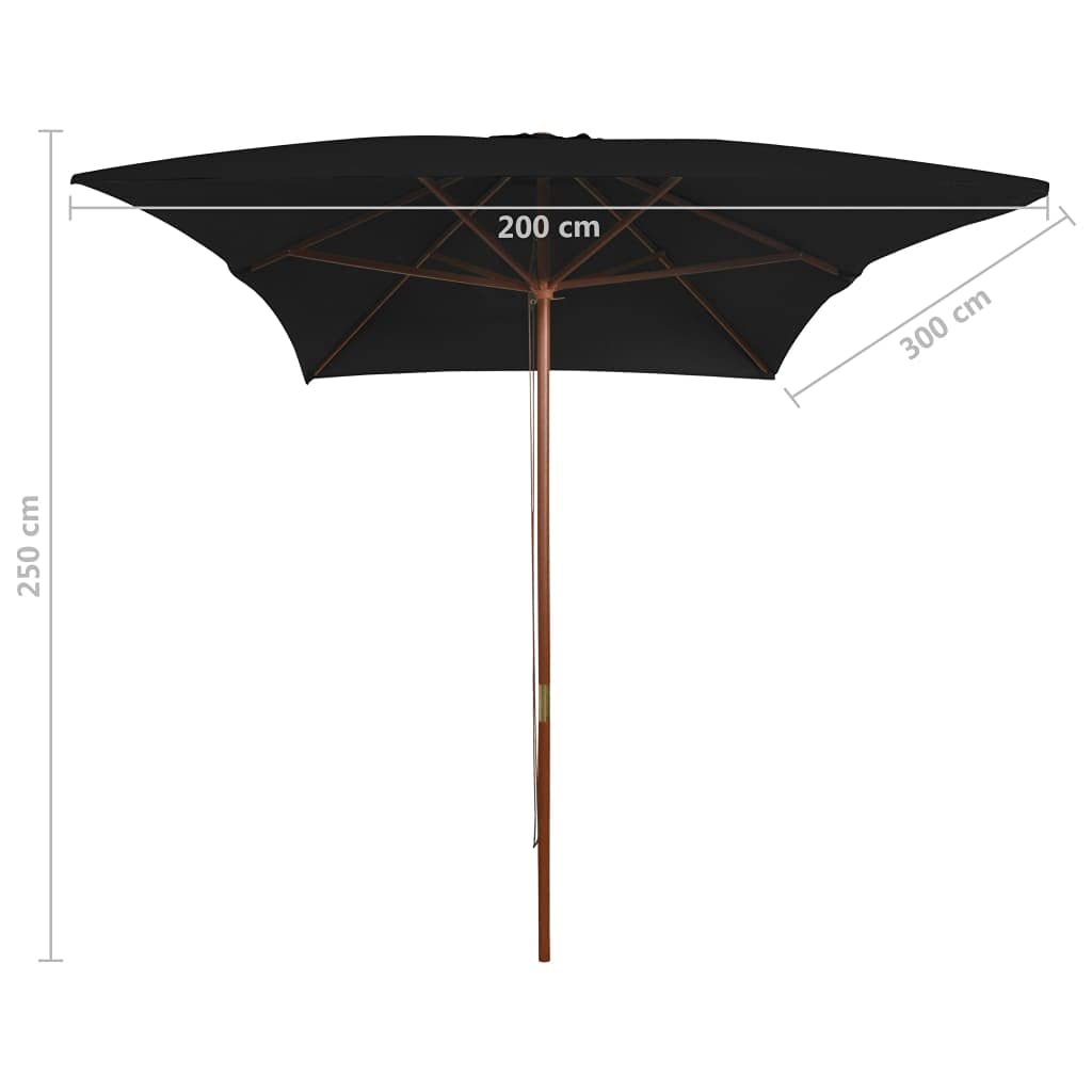 Poliéster resistente a los rayos UV para exteriores modelo estándar negro | Sombrilla de jardín con palo de madera negro 200x300 cm toldo parasol exterior UV con polea para terraza y playa