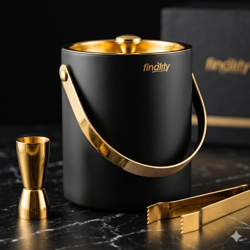 Image of finality Premium Stainless Steel Ice Bucket with Tongs and Jigger - 1 Litre Double Walled Insulated Ice Box for Bar, Home & Parties (Black Gold Mirror IB + Tong + Jigger)
