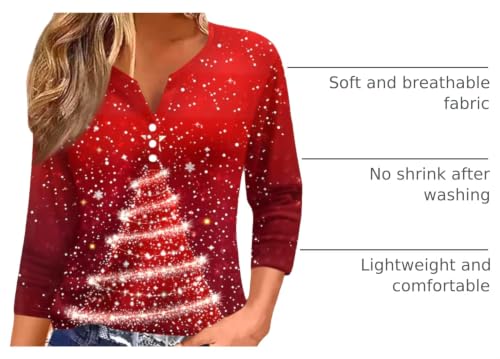 Image of Women Christmas Shirt 3 /4 Length Sleeve Henley Tops Xmas Outfits