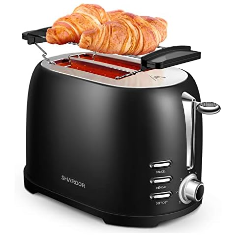 SHARDOR 2 Slice Toaster, Extra-Wide Slot Toasters, 800W, 7 Variable Settings, Defrost, Reheat and Cancel Functions, Removable Tray, Stainless Steel, Black Cover