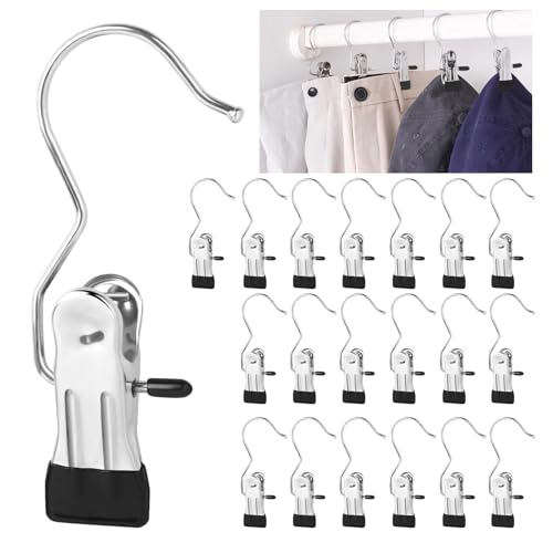 20 Stück Klemmhaken Edelstahl, rutschfest Wäsche Haken Stiefel Clips, 360° Drehbarer Klammerhaken, Metall Wäscheklammern für Handtücher, Hosen, Schuhe