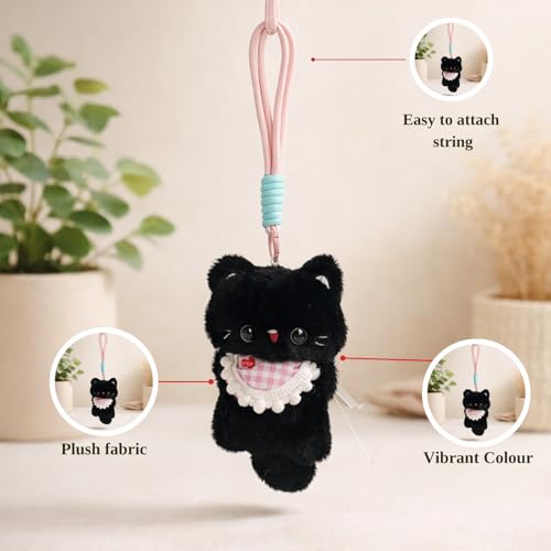 Image of Cute Black Cat Plush Keychain with Pink Gingham Bib & Red Nose | Soft Mini Kitty Bag Charm with Hanging Loop Strap | Kawaii Keyring Gift for Girls, Kids & Cat Lovers