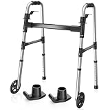 Loyoda Folding Walker with 2 Skis and 5' Wheels, Lightweight Walkers for Seniors and Adults, Supports Up to 350 Pounds, Adjustable Height, Compact Standard Walker, Black