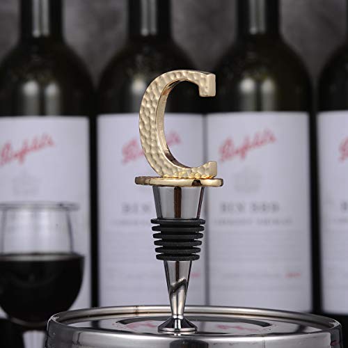 Miicol Initial Letter Wine Stopper, Monogram Hammered Metal, Perfect Wine Gift, Elegance Meets Utility, Wide Used in Kitchen Decor, Bar, Wedding Party, Gold Finish, Letter (A to Z) C