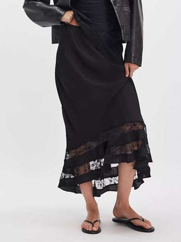 Women Ruffle Lace Trim Satin Maxi Skirt Elastic Waistband High Rise Half Slip Silky Fishtail Party Long Skirt2