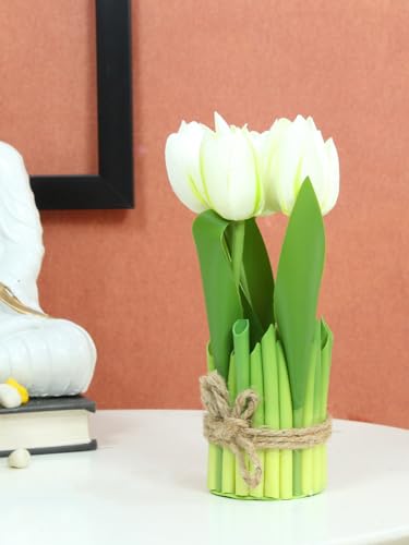 Image of TIED RIBBONS Artificial Tulip Flower Plant for Decoration Fake Flowers with Leaves (White, 24.5 Cm X 6.3 Cm) Decorative Items for Home Decor Table Living Room Office Restaurant - Polyester