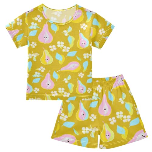 Pear Flowers Leaves Gold Pajama Set Short Sleeve PJ Set Cotton Summer Pajamas Sleepwear Soft 5Y