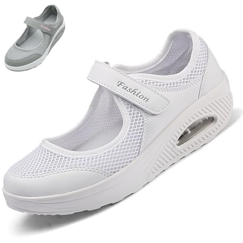 Women's Mesh Air Cushion Adjustable Nurse Shoes Comfortable Hollow Breathable Working Orthotic Wedges Mary Jane Lightweight Out Granny Non-Slip Walking Shoe