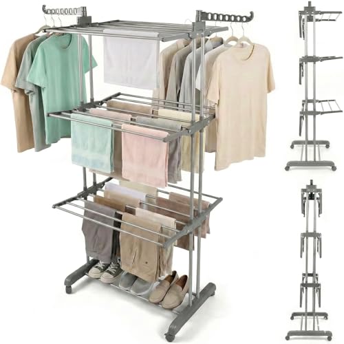 Rainberg Clothes Drying Rack, Extra Large 4-Tier Capacity Foldable Clothes Airer with Wheels, Adjustable Large Stainless Steel Garment Laundry Racks for Indoor Outdoor with Foldable Wings