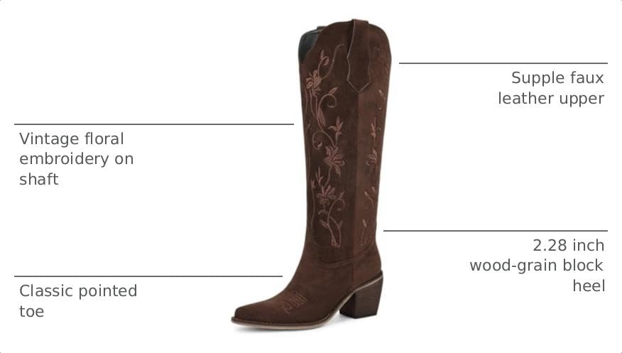 Image of wetkiss Cowboy Boots Womens Knee High Cowgirl Boots Embroidered Pointed Toe | Cowgirl Boots, Retro Embroidery, Block Heel, Stable and Comfortable, Pull-On, Style for a Classic Vintage Western Look