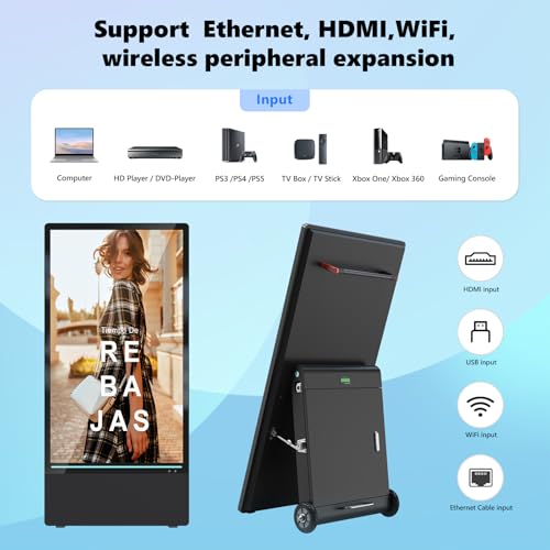 Image of 43 inch Outdoor Digital Signage Display, FHD 1800Nit LCD Screen, IP55 Waterproof, Rechargeable 10h Battery, USB /WiFi Portable Movable Display Kiosk, Split Screen Playback, Auto-Brightness, Android OS