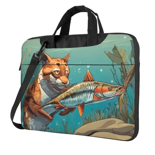 Bolsa para ordenador portátil con estampado abstracto de animales salvajes cazadores y peces, con asa de transporte, para portátiles de 13, 14 y 15,6 pulgadas, Black, 15.6 inch