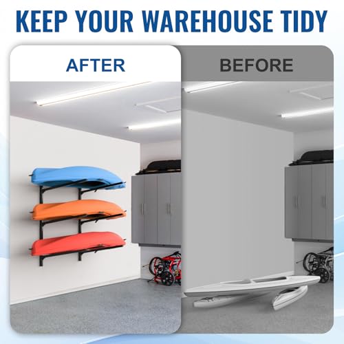 LXVOOEE Kayak Storage Rack Wall Mount, Heavy Duty Kayak Wall Mount for Garage and Outdoor Storage, Kayak Wall Rack Adjustable for Kayak, Canoe, Surfboard and Paddle Board, 3 Tier