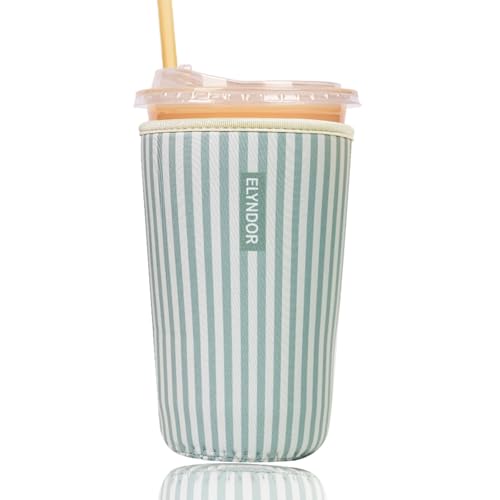 Image of Reusable Insulated Sleeve for Iced Coffee Cup, Coffee Neoprene Sleeve for Cold & Hot Drinks, Beverage Holder for Iced Coffee (Green Stripes, Large: 32oz)