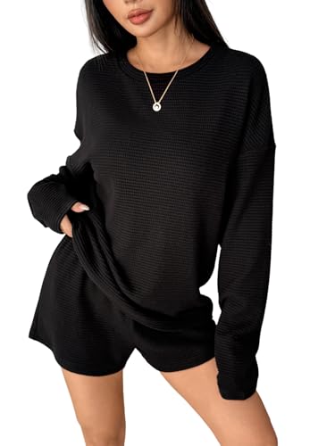 dursrove Womens Waffle Knit Pajama Sets Long Sleeve Top and Shorts Matching Lounge Set Loungewear Sweatsuit with Pockets (black, L)
