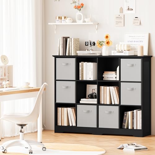 Image of 12 Cube Storage Organizer Shelf, Wood Cubby Storage with 6 Fabric Drawers, 3 Tier Wooden Bookshelf with 2 Adjustable Shelves & Fluted Side Panels for Bedroom, Living Room, Home Office, Black