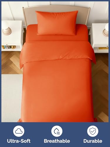 Image of Kids Twin Size Bed Sheet Set - 3 Piece Kids Loft Bed Sheets - Solid Orange Themed Bedding - Soft, Cute and Cozy - Breathable and Machine Washable - Bedding for Boys, Girls, Teens & Toddlers - Oeko-Tex