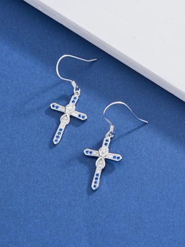 Seiyang Cross Birthstone Earring 925 Sterling Silver Cross Dangle Drop Earrings with 12 Months Birthstone Religious Christian Jewelry Gifts for Women Mom Her4