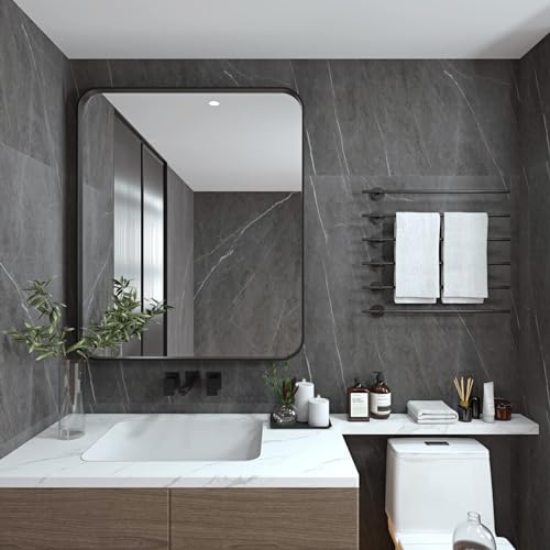 Image of ANDY STAR 30x36'' Bathroom Mirrors for Wall, Matte Black Bathroom Vanity Mirror, Contemporary Rounded Rectangle Mirrors Wall Mounted in Tube Metal Frame, Hang Horizontal /Vertical 1'' Deep
