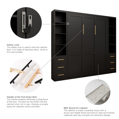Image of KEIKI Queen Size Vertical Cabinet Murphy Bed with 2 Side Cabinet, Black | Multifunctional Foldable Hideaway Wall Metal Bed Frame, No Box Spring Needed, Easy Assembly, for Bedroom, Guest room