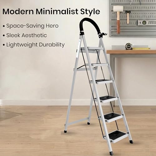 Image of Norman Jr White 6 Step Ladder for Home Use with Built-in Tool Tray | Heavy Duty D Shape Rods | Ultra Large Platform | Wide Rubber Feet | 150Kg Capacity Foldable Ladder - 7 Years Warranty