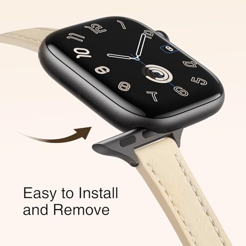 Image of STIROLL Slim Leather Bands Compatible with Apple Watch Band 38mm 40mm 41mm 42mm(Series 11 10), Top Grain Leather Watch Thin Wristband for iWatch SE 9 8 7 6 5 4 3 2 1 (Beige Black)