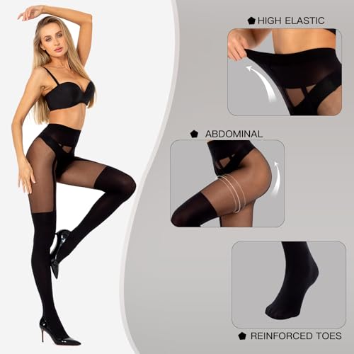 MANZI Mock Suspender Pantyhose for Women Faux Thigh High Stockings Black Over the Knee Goth Sparkly Tights3