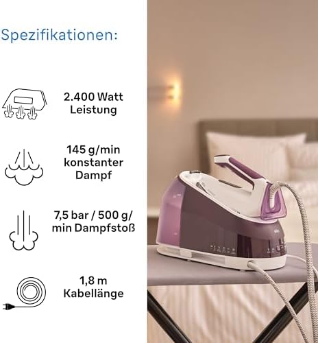 Bild 4 - Braun CareStyle 5 IS5247VI Dampfbügeleisen mit FreeGlide-Technologie 3D, 145 g/min Dampf, schnelles Aufheizen, iCare-Modus, vertikales Bügeln, abnehmbarer 2-L-Tank, 2400 W, Violett
