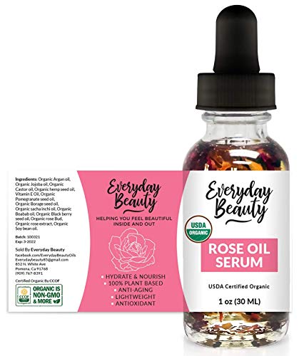 Rose Oil Serum - USDA Certified Organic Hydrating Facial Serum - One of a Kind Heavenly Rose Scented All Natural 100% Plant Based Botanical Beauty Face Oil - 1oz