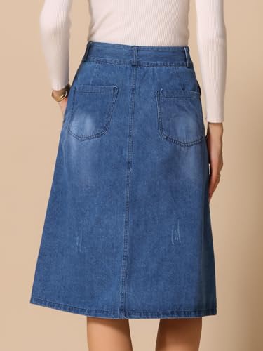 Allegra K Women's A-Line Midi Skirts Button Front High Waist Jean Denim Skirt4