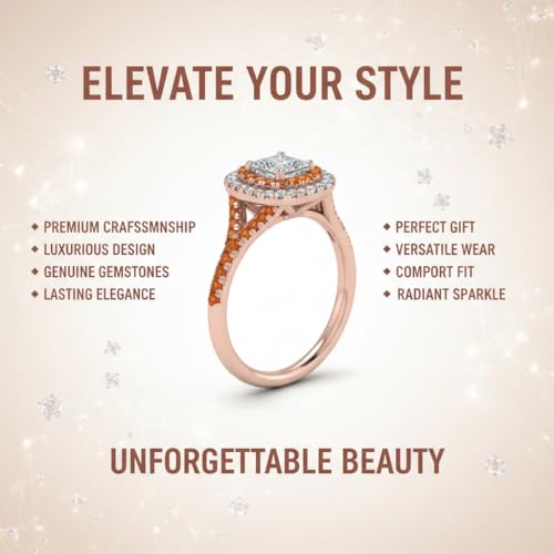 Image of Choose Your Gemstone Delicate Double Halo Diamond CZ Ring Rose Gold Plated Princess Shape Halo Engagement Rings Matching Jewelry Wedding Jewelry Easy to Wear Gifts US Size 4 to 12