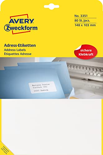 AVERY Zweckform 3351 Adress-Etiketten (Papier matt, 80 Etiketten, 148 x 103 mm, 20 Blatt) weiß
