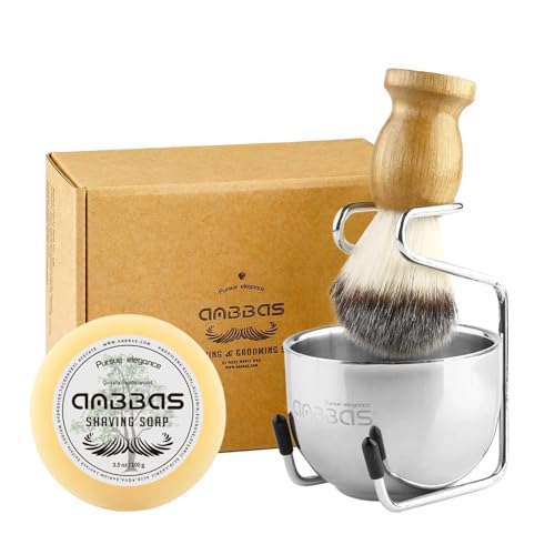 Anbbas 4in1 Shaving Brush Kit, Stainless Steel Stand and Bowl,100g Soap Bar Refill,Perfect for Men Wet Shave Beginners