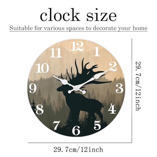 Image of XFM Rustic Elk Deer Wall Clock 12 Inch Vintage Mountain Forest | Silent Non-Ticking Battery Operated Round Decorative for Cabin Kitchen Farmhouse Decor