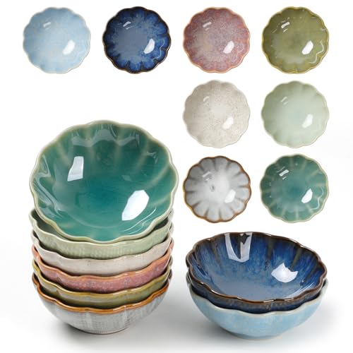 Dipping Bowls Set of 8, Ceramic Soy Sauce Dishes, 3 oz Dipping Sauce Cups, chrysanthemum Round Small Side Dish Dishes for Dipping Sushi Tomato Soy Sauce Dish Condiment Finger Bowls Petal 8pc