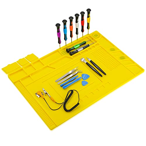 KOTTO Anti-Static ESD Safe Magnetic Soldering Mat, Silicone Repair Mat, includes Repair Tools Kit and Anti Static Grounding Wire for BGA Soldering Iron, Heat Gun, Cell Phone Laptop (Yellow Mat)