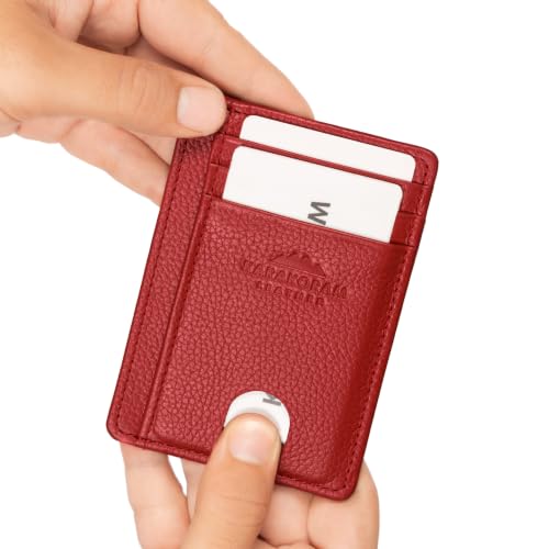 Image of KARAKORAM LEATHER Credit Card Holder for Men & Women - Slim Front Pocket Wallet with RFID Blocking, Handmade Top-Grain Cowhide, Holds 8 Cards + Cash, Quick-Access Slots, Gift Box (Alpine Ruby Red)