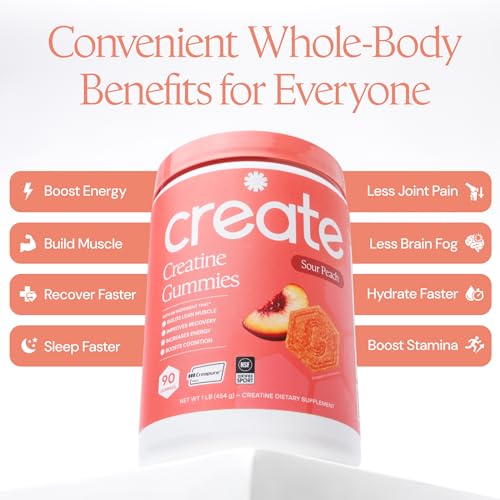 Image of Create Creatine Monohydrate Gummies for Men & Women, Boost Focus, Strength, and Endurance, Anti-Melting Formula, Vegan, Gluten-Free, Non-GMO, 1.5g of Creatine per Gummy (Sour Peach)